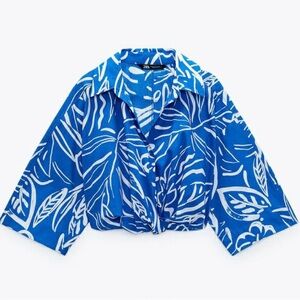 ZARA Blue & White Abstract Print Blouse Tropical Resort Vibes Size XS